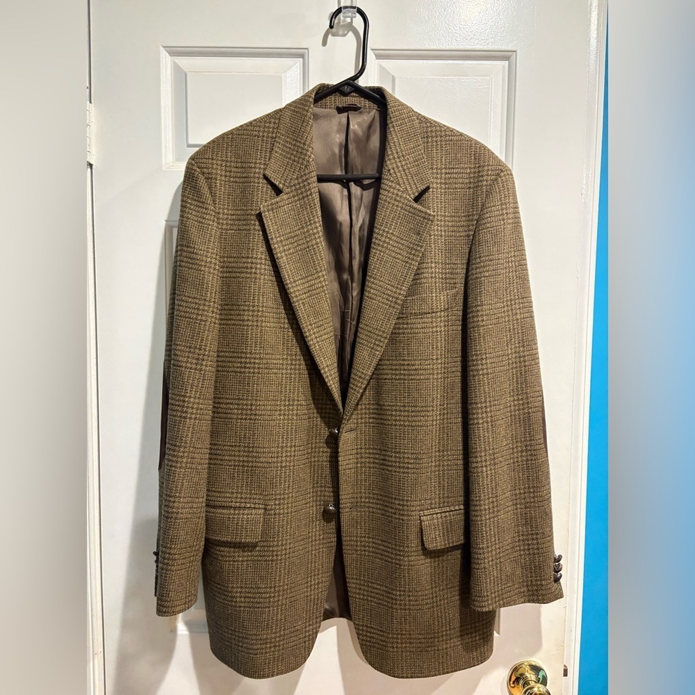 Banana Republic vintage wool plaid blazer jacket elbow patches brown 40R